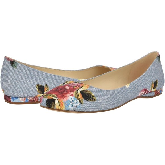 Nine West Women's Blue Rose Denim Leather Closed Pointed Toe Ballet Flats Shoes - Picture 6 of 6